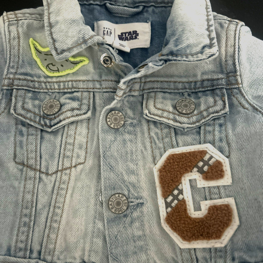 Baby Gap Star Wars Denim Jean Jacket patches 0-3 M Yoda Jedi Coat collab Darth